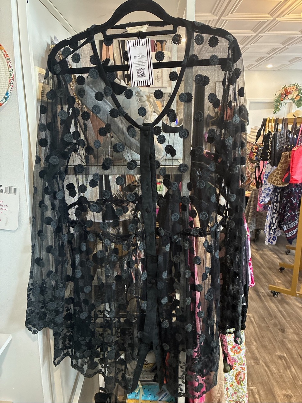 JDL Black Sheer Polka Dot Button-Down Top
